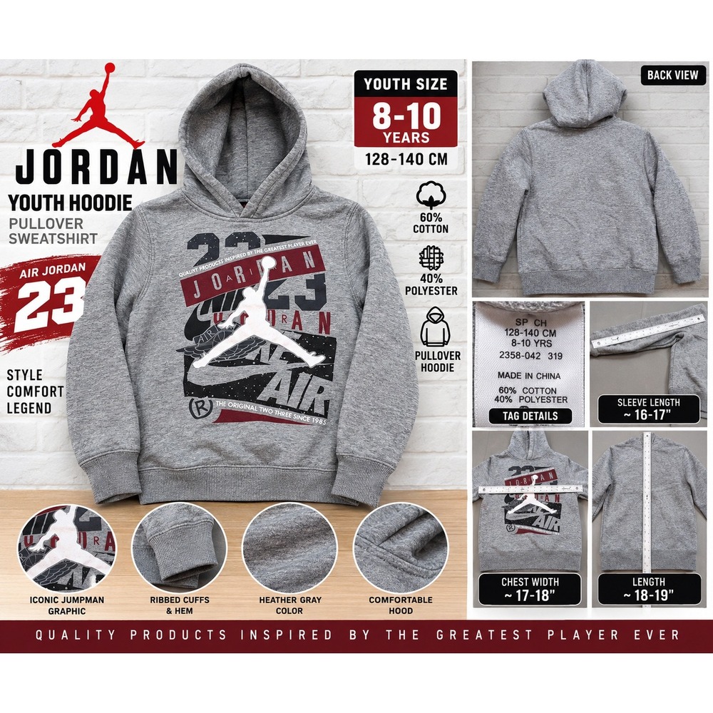 Jordan Youth Hoodie Pullover Sweatshirt Gray Jumpman Graphic 2358-042 Size 8-10